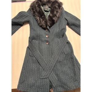 Banana Republic 100% Wool Belted Coat Real Shearling Collar Teal Size Small